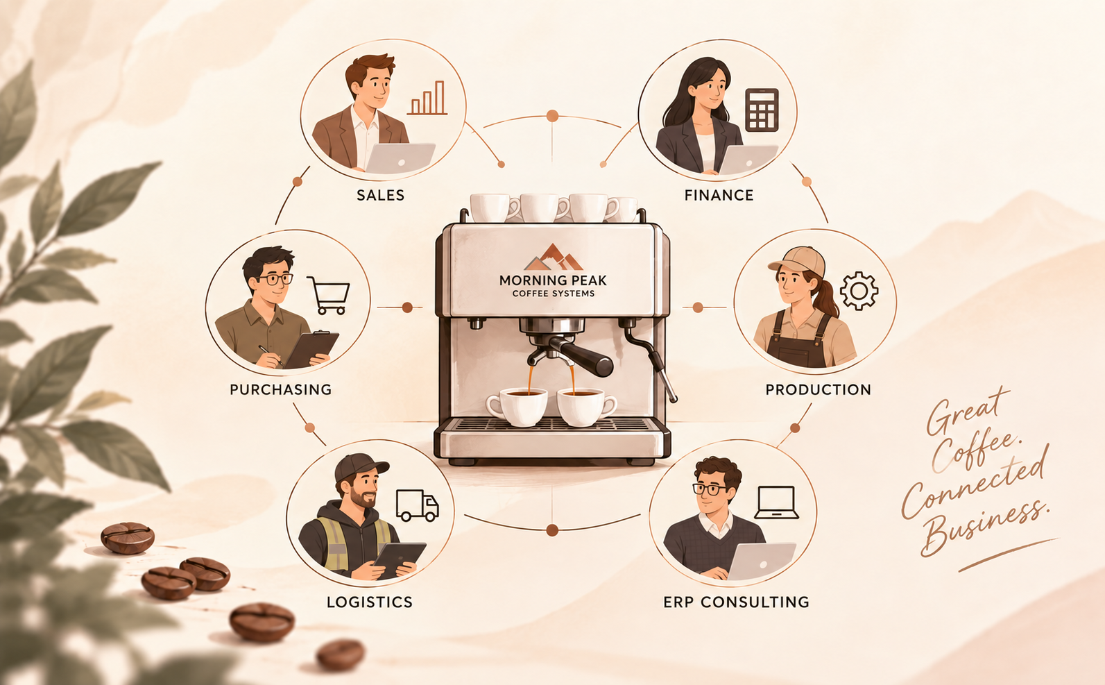 Morning Peak Coffee Systems cast showing Sales, Finance, Purchasing, Production, Logistics, and ERP Consulting.